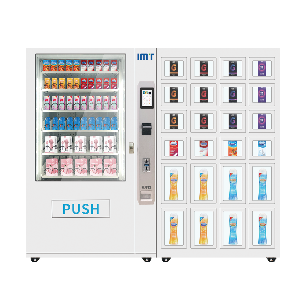 Locker vending machine dispensing condoms and lubricants.