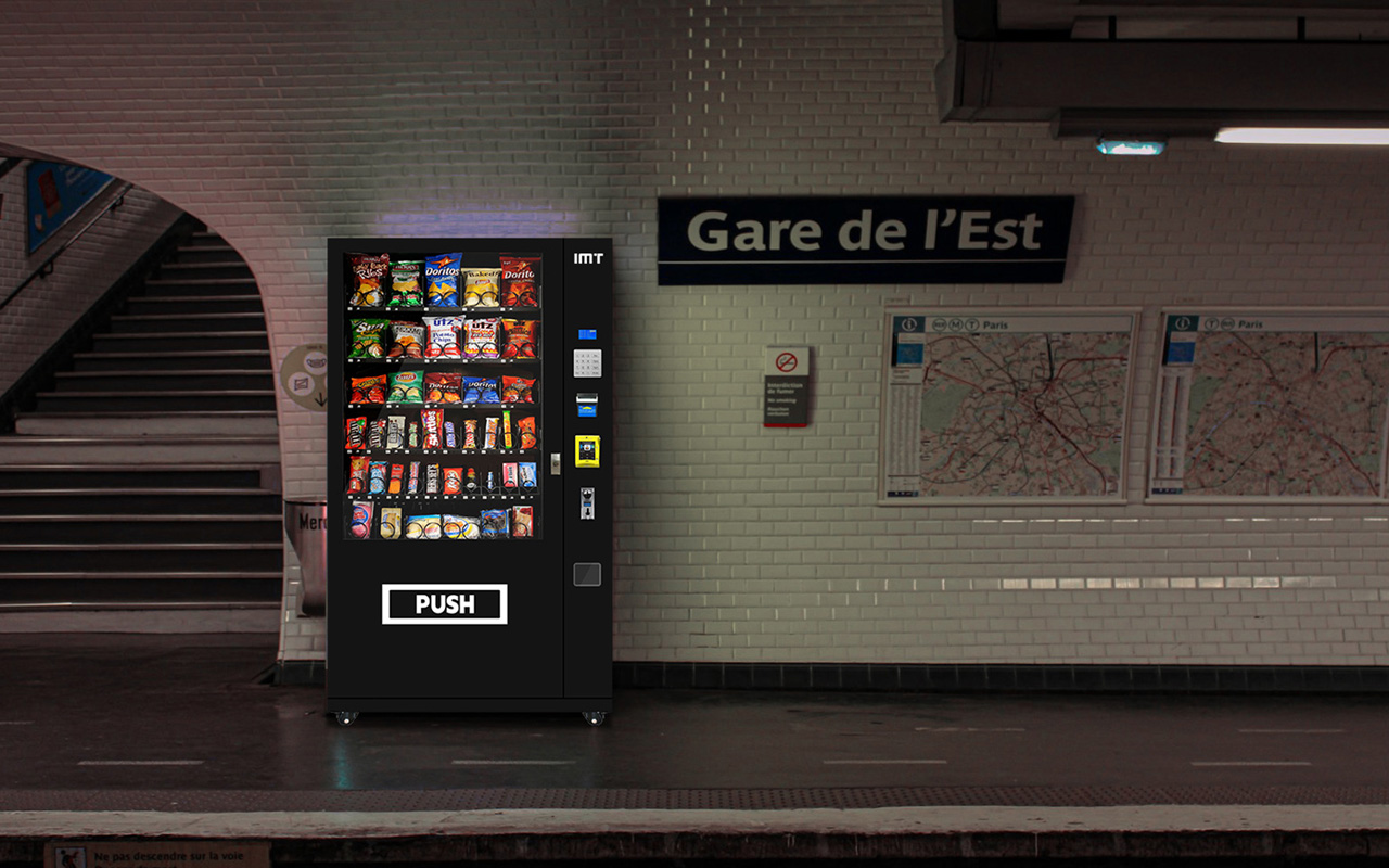 Drink and snack vending machine in a subway station.