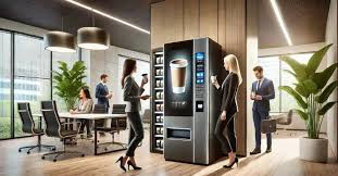 Modern office workers enjoying coffee from a sleek, high-tech coffee vending machine.