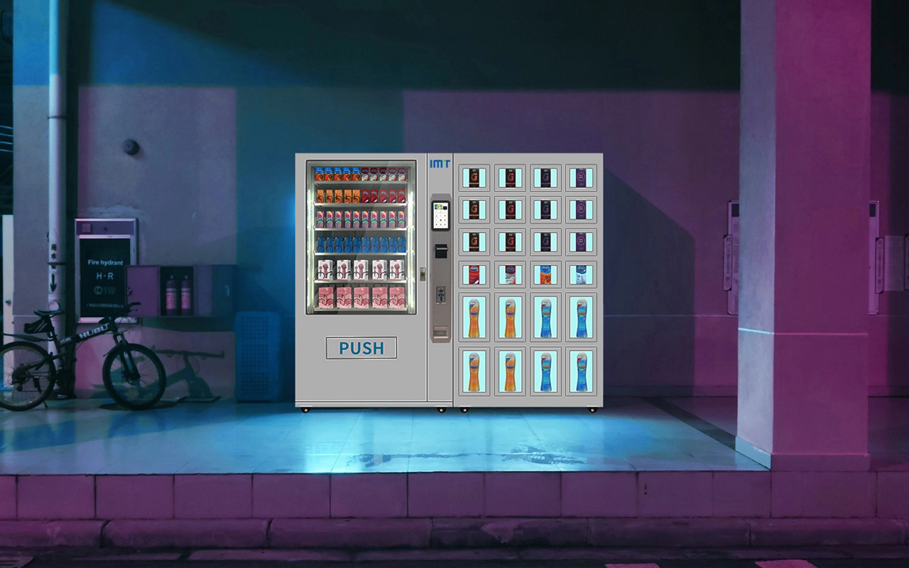 Adult vending machine at night, dispensing various products.